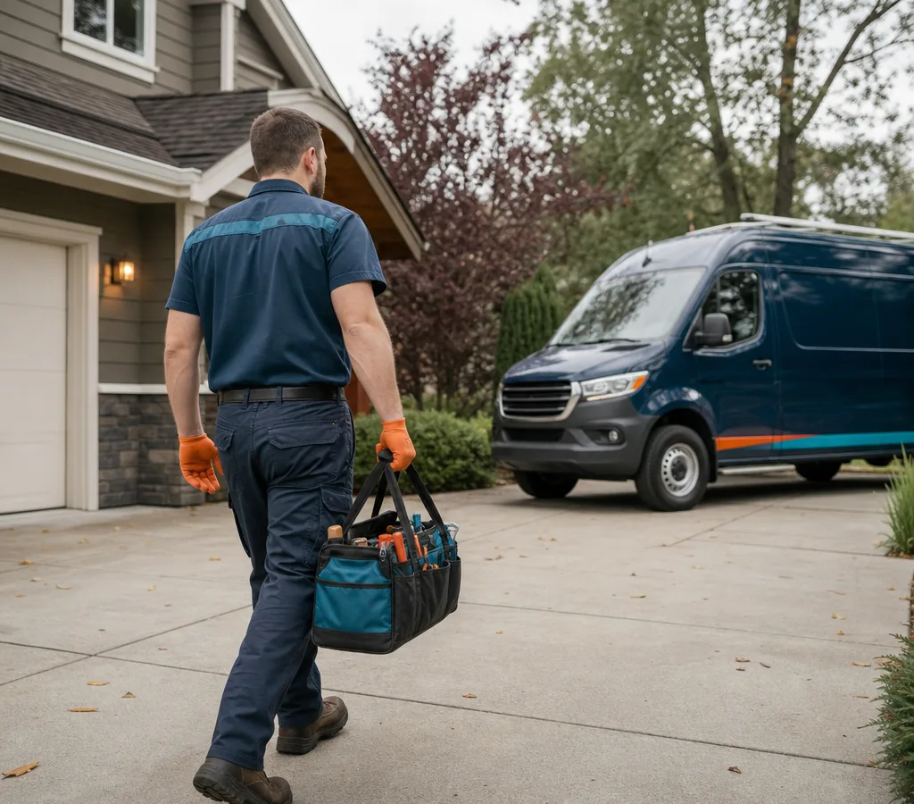 Uniformed plumber carrying a tool bag toward a Roseville home with a service van nearby