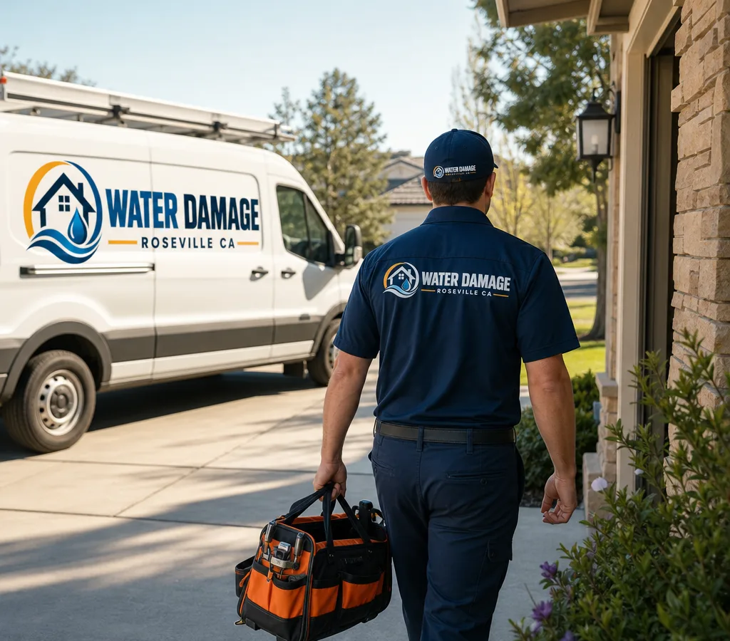 Uniformed plumber carrying a tool bag toward a Roseville home with a service van nearby