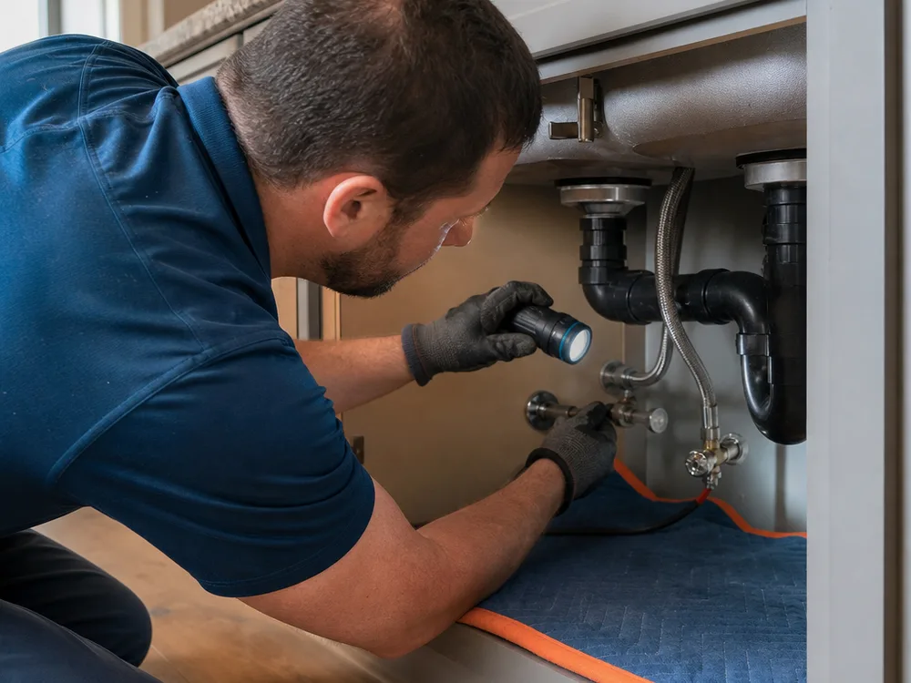Plumber inspecting supply lines and adjusting a shutoff valve beneath a kitchen sink