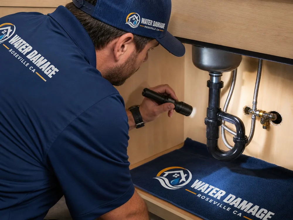 Plumber inspecting supply lines and adjusting a shutoff valve beneath a kitchen sink