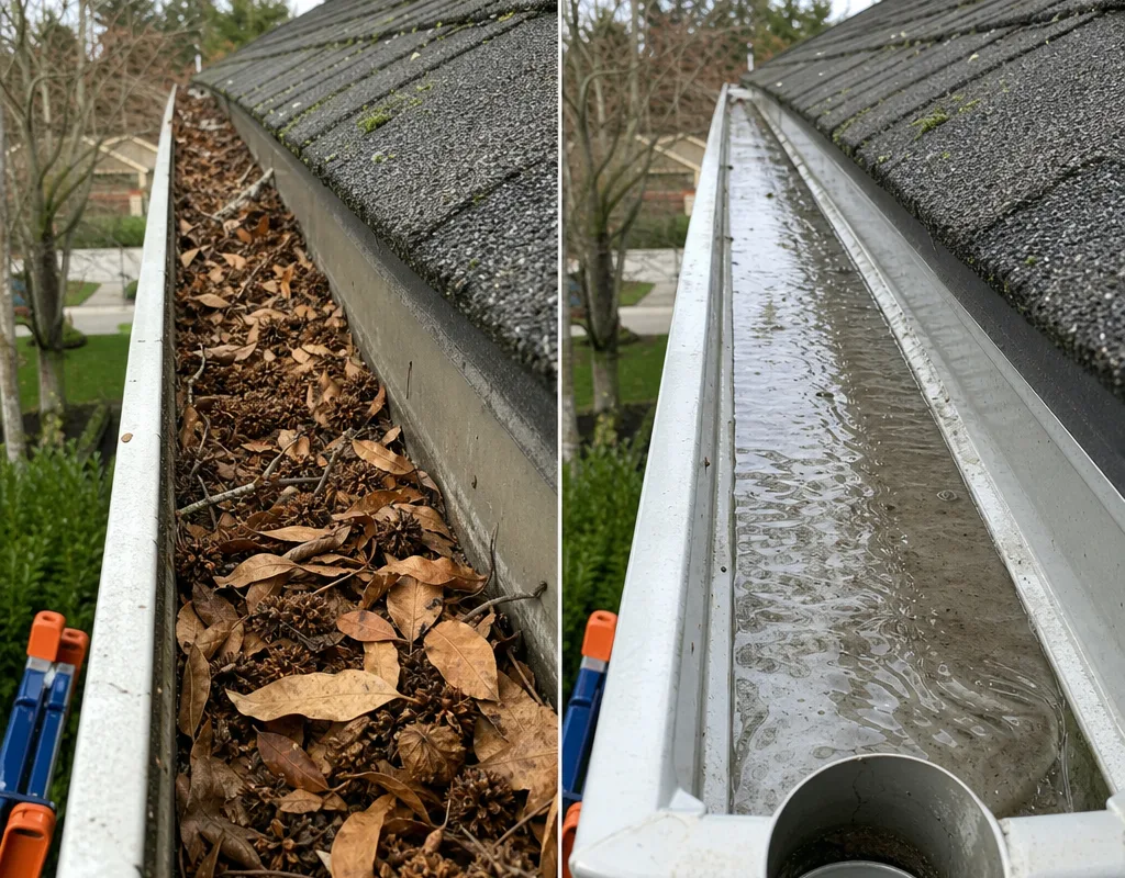 Before and after view of a leaf-filled gutter cleared to the metal with water flowing to the outlet