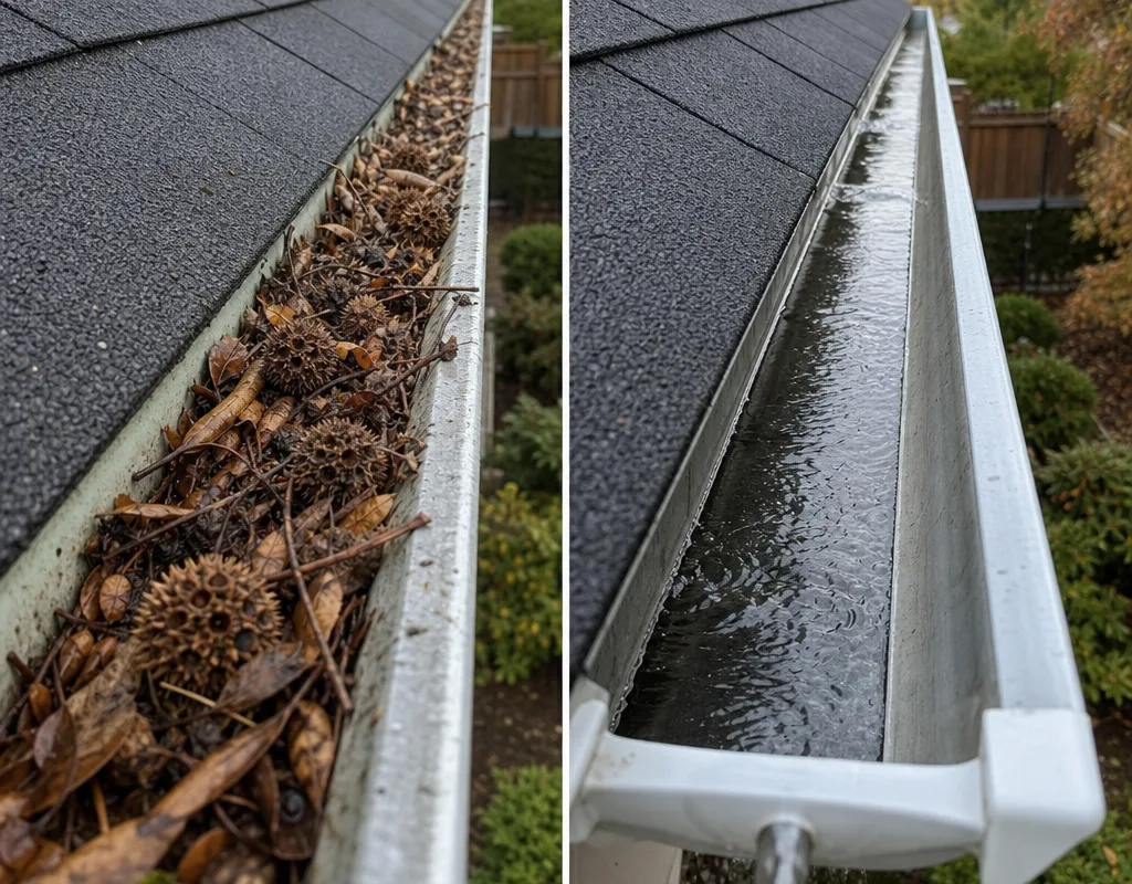 Before and after view of a leaf-filled gutter cleared to the metal with water flowing to the outlet