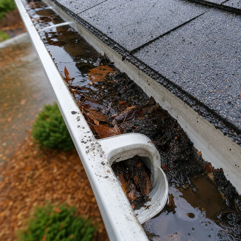 Gutter outlet packed with wet leaves and roof granules around a partially blocked downspout
