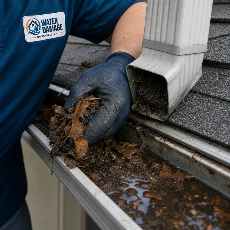 Gutter outlet packed with wet leaves and roof granules around a partially blocked downspout