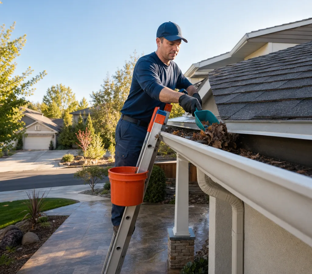 Technician removing leaves and roof grit from a residential gutter with a downspout visible