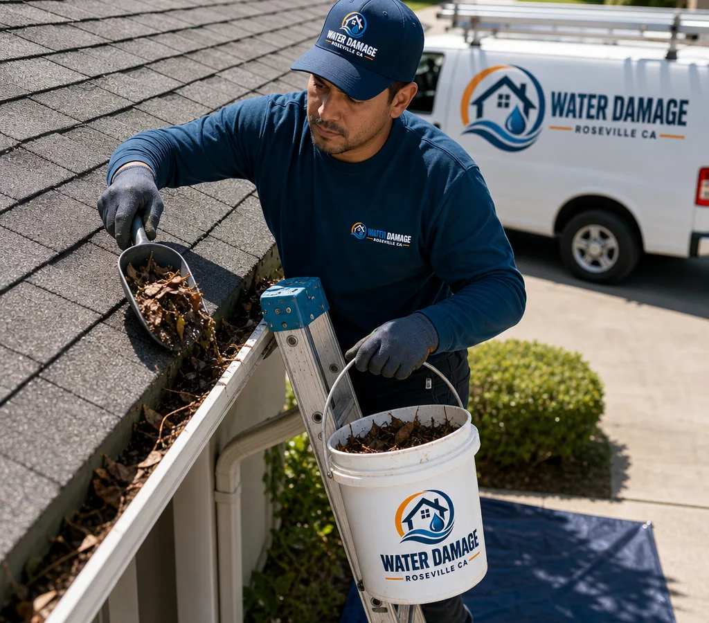 Technician removing leaves and roof grit from a residential gutter with a downspout visible