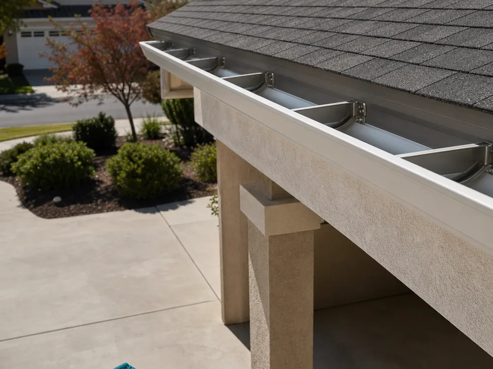Residential roof edge with clean gutters, evenly spaced hangers, and a debris-free work area