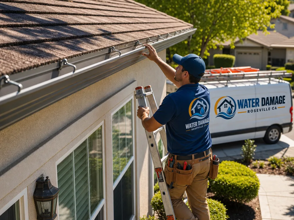 Residential roof edge with clean gutters, evenly spaced hangers, and a debris-free work area