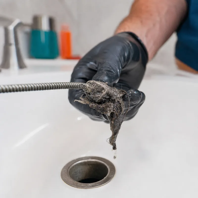 Hair and soap clog removed on a drain cable head beside a bathroom sink drain opening
