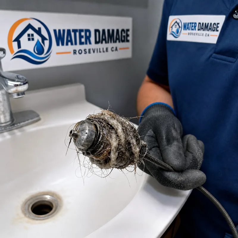 Hair and soap clog removed on a drain cable head beside a bathroom sink drain opening