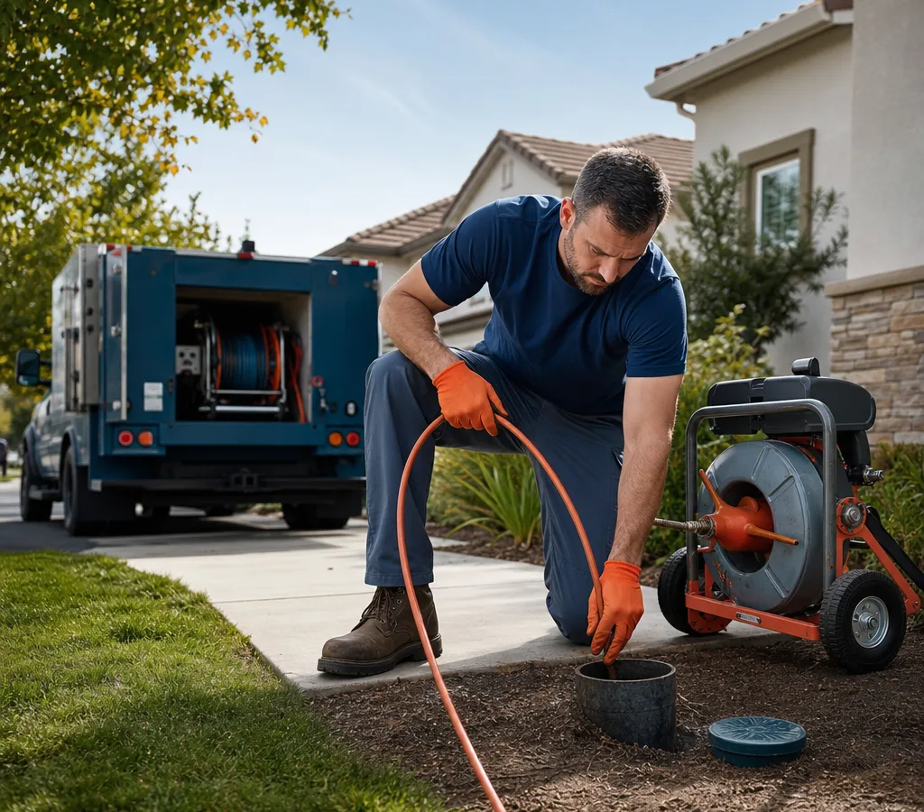 Technician using a drain auger at an exterior cleanout on a Roseville residential property with a service truck nearby