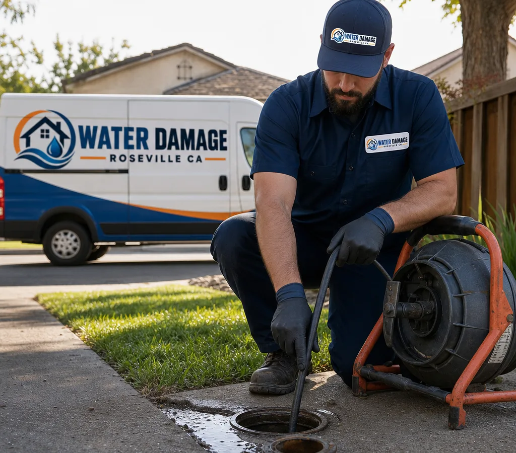 Technician using a drain auger at an exterior cleanout on a Roseville residential property with a service truck nearby