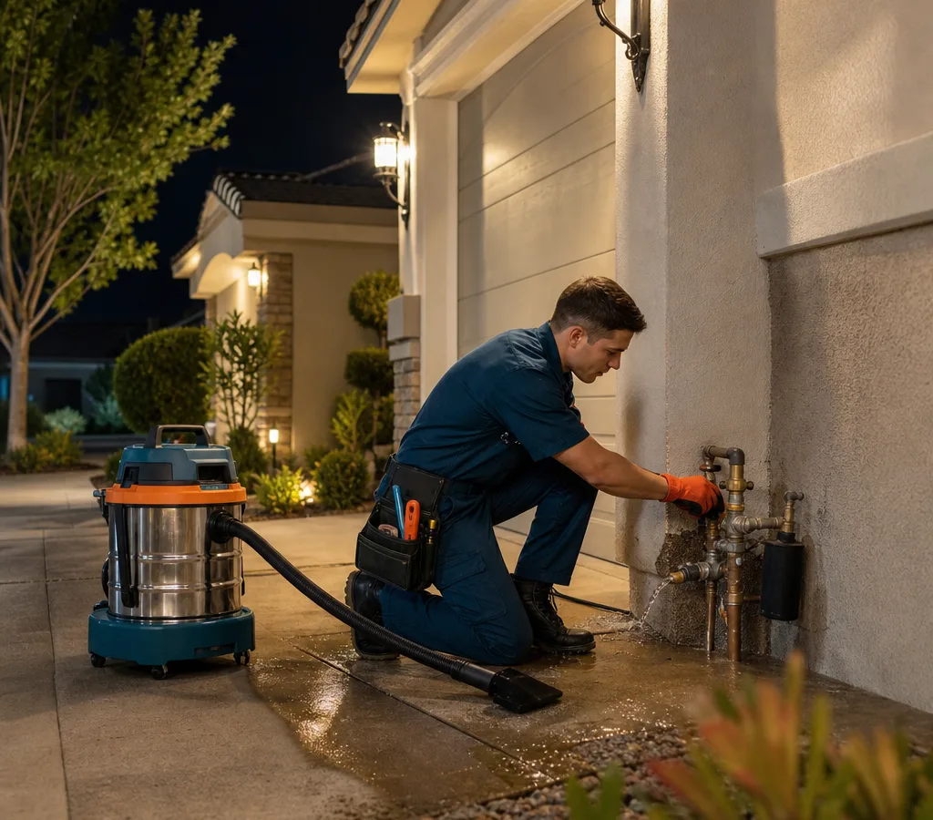 Emergency plumber arriving at a Roseville home at night with tools and a wet/dry vacuum near an active leak shutoff point