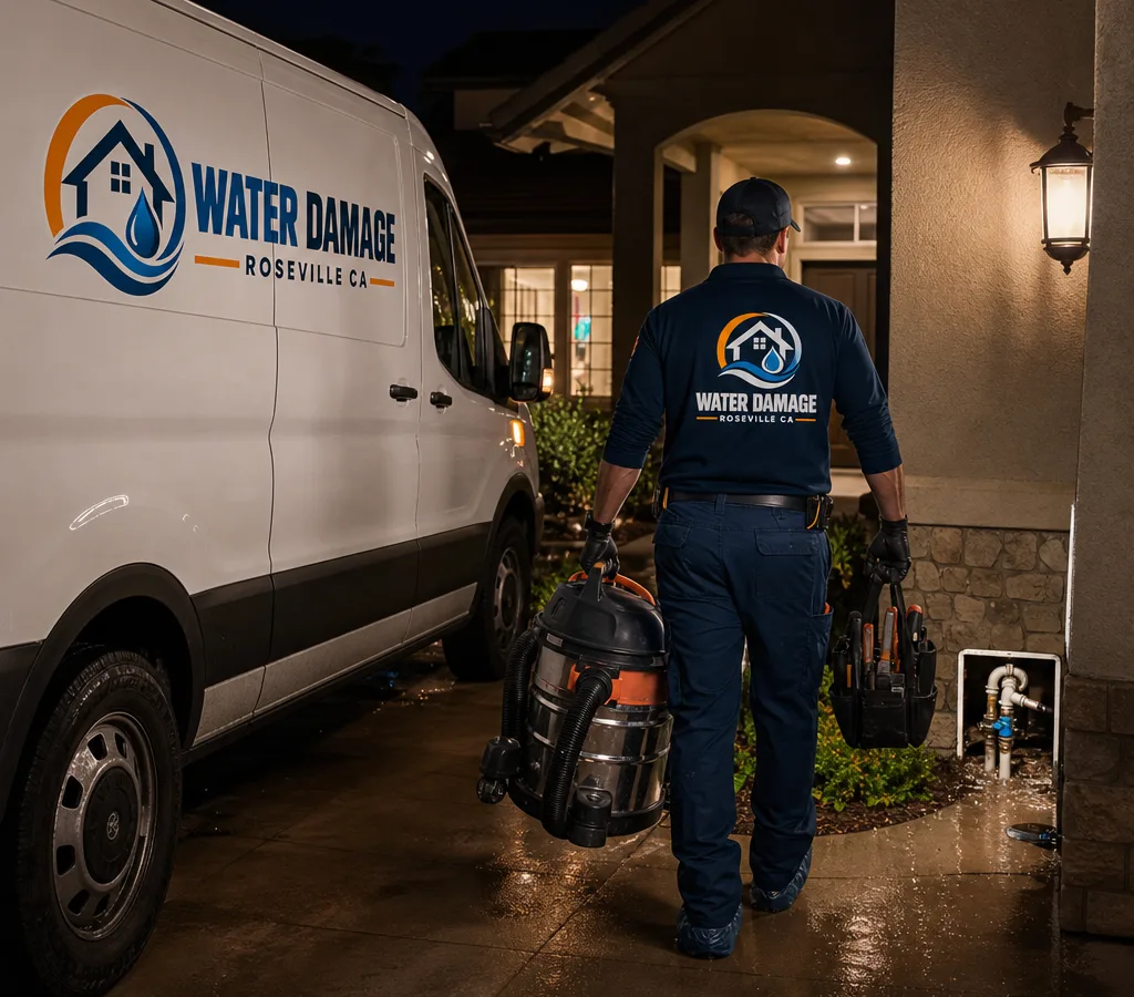 Emergency plumber arriving at a Roseville home at night with tools and a wet/dry vacuum near an active leak shutoff point