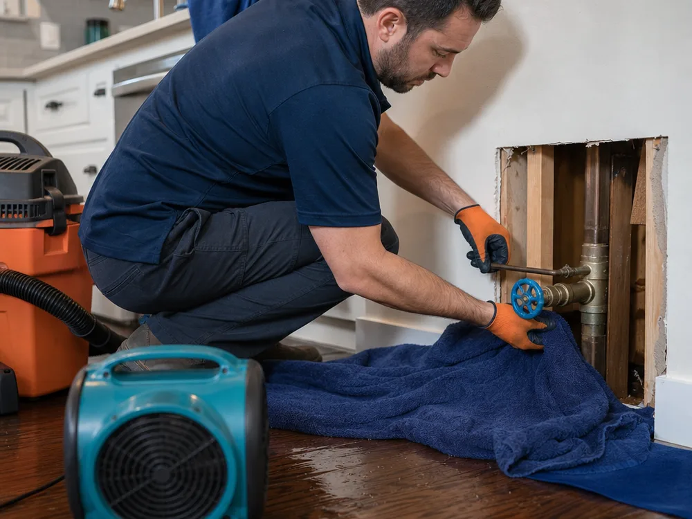 Plumber shutting off an interior main water valve and protecting flooring during an active leak in a Roseville home
