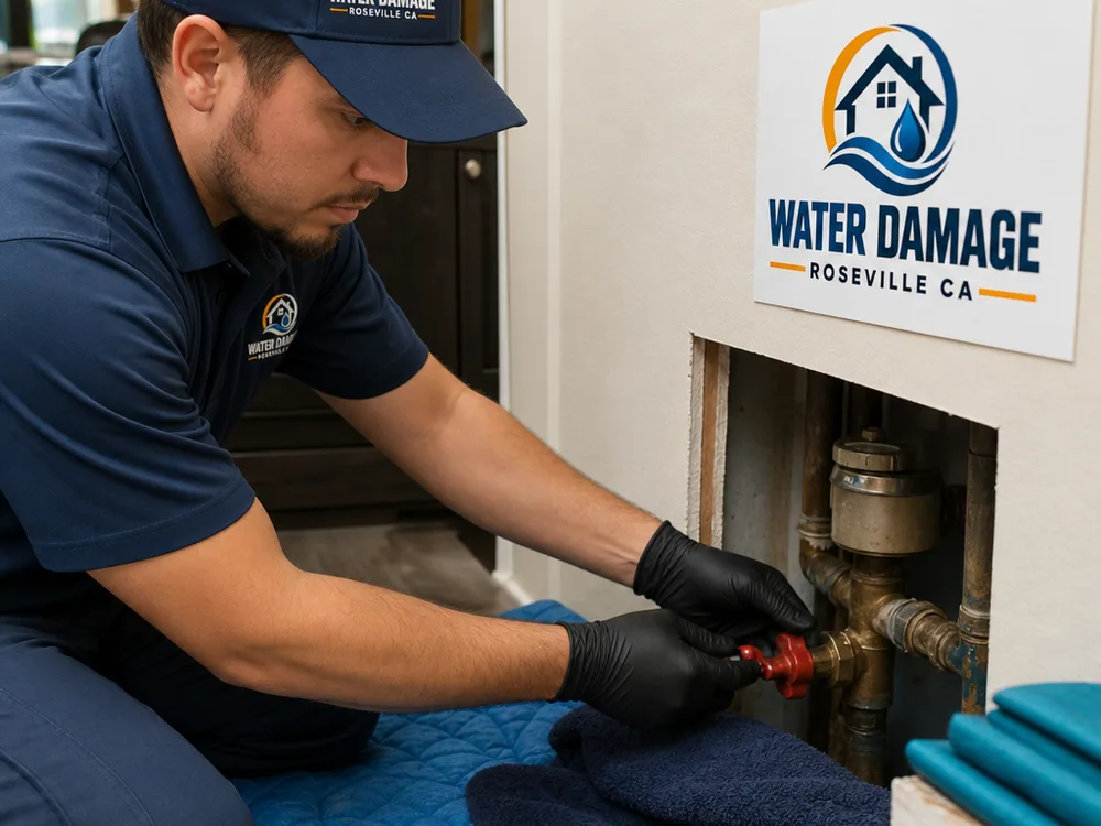 Plumber shutting off an interior main water valve and protecting flooring during an active leak in a Roseville home