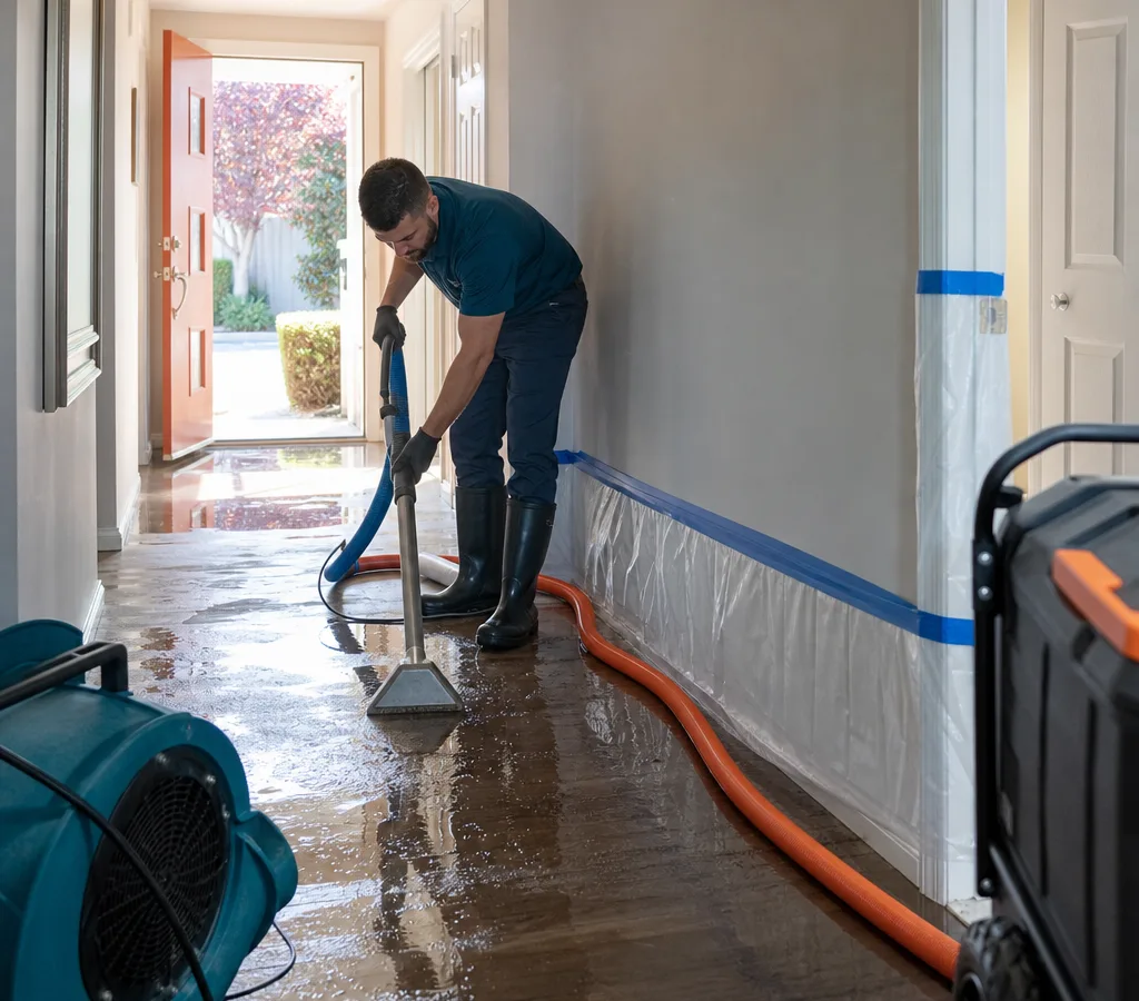 Technician extracting standing water and setting up restoration equipment in a Roseville home