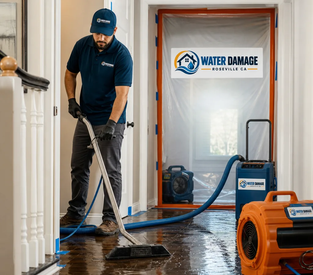 Technician extracting standing water and setting up restoration equipment in a Roseville home