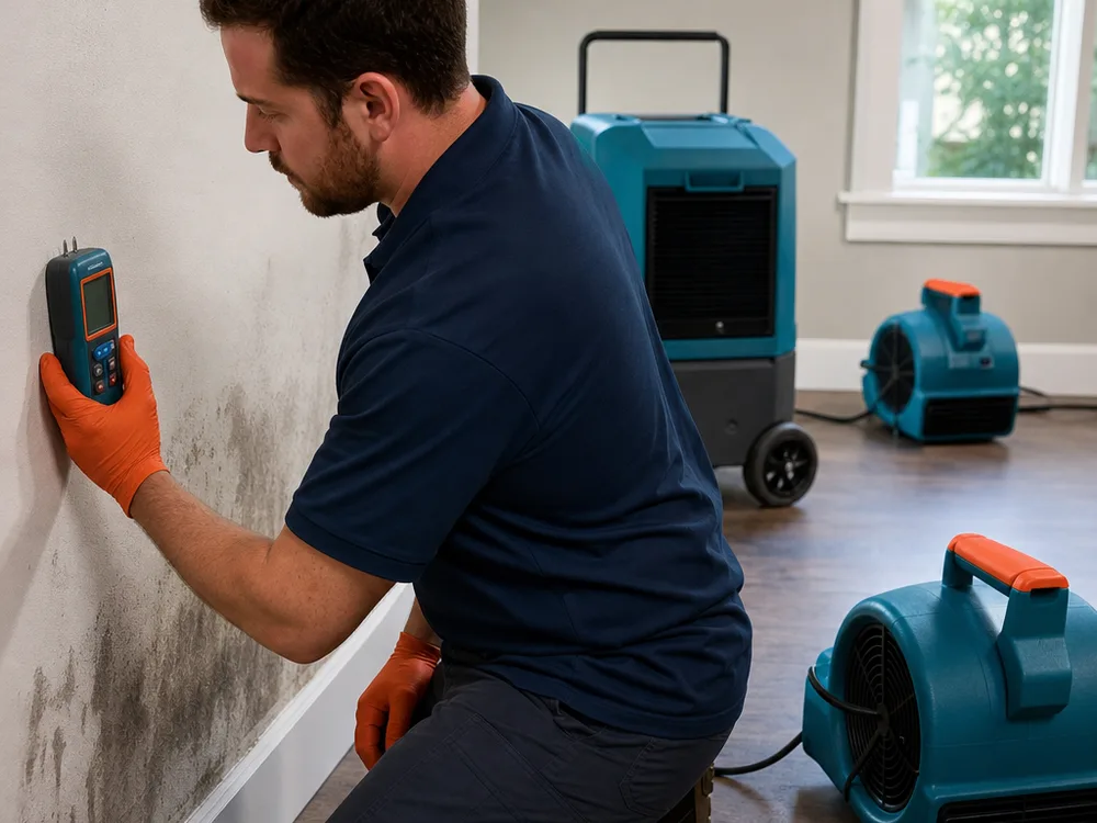 Moisture meter checking an interior wall beside air movers and a dehumidifier