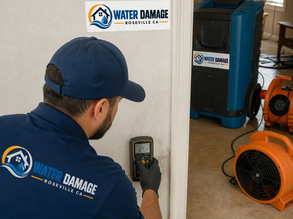 Moisture meter checking an interior wall beside air movers and a dehumidifier