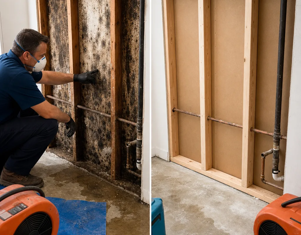 Before-and-after view of mold-stained drywall and the cleaned dried wall cavity ready for rebuild