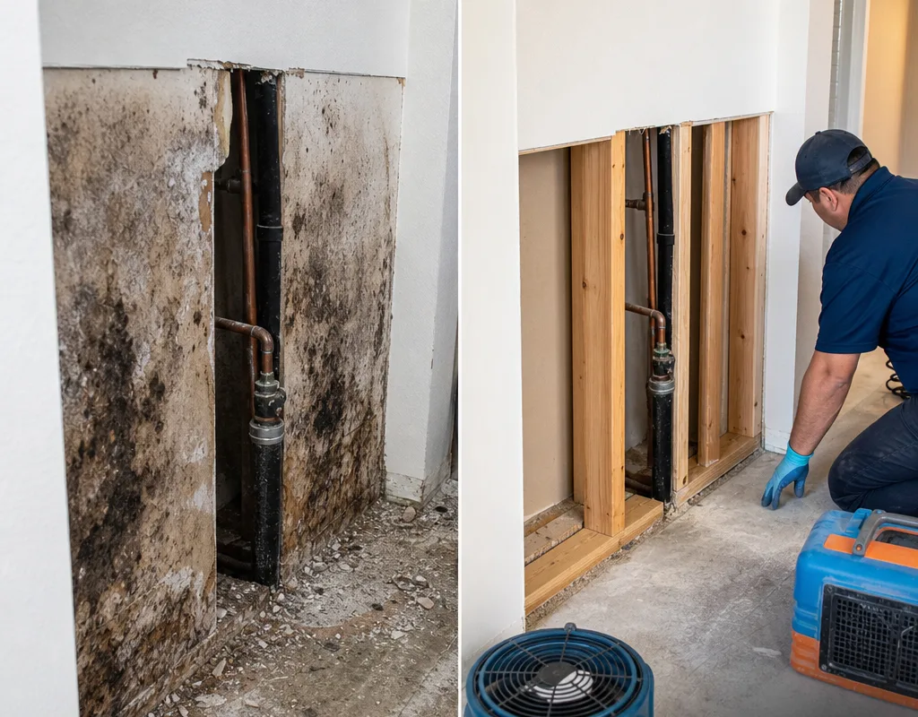 Before-and-after view of mold-stained drywall and the cleaned dried wall cavity ready for rebuild
