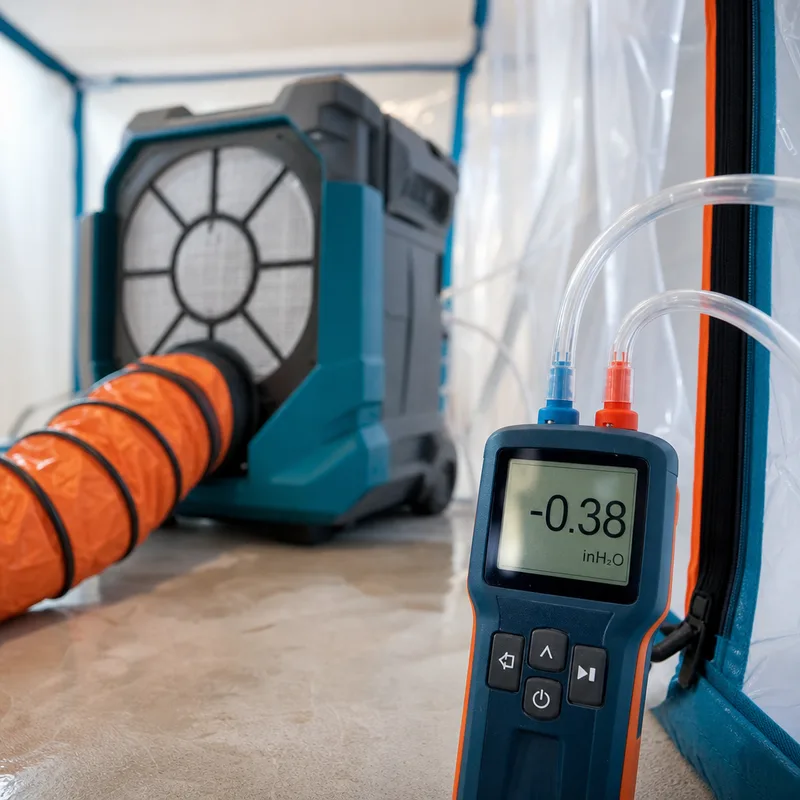 HEPA air scrubber operating in a contained room with ducting and manometer tubing for negative air control