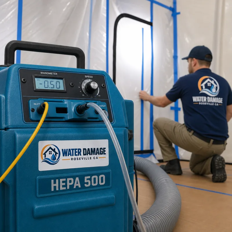 HEPA air scrubber operating in a contained room with ducting and manometer tubing for negative air control