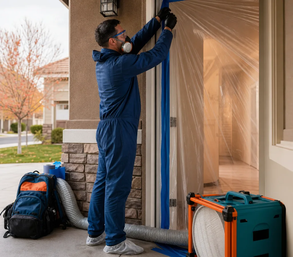 Technician in protective gear setting containment at a Roseville home doorway with a HEPA air scrubber nearby