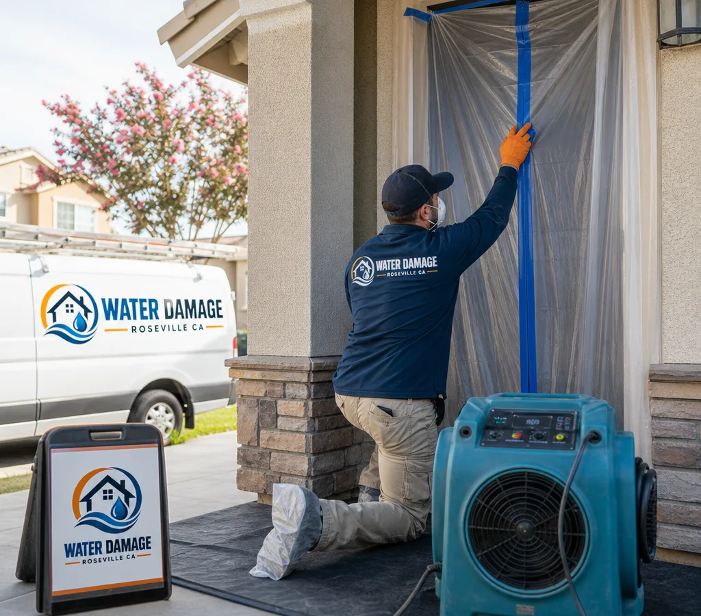 Technician in protective gear setting containment at a Roseville home doorway with a HEPA air scrubber nearby