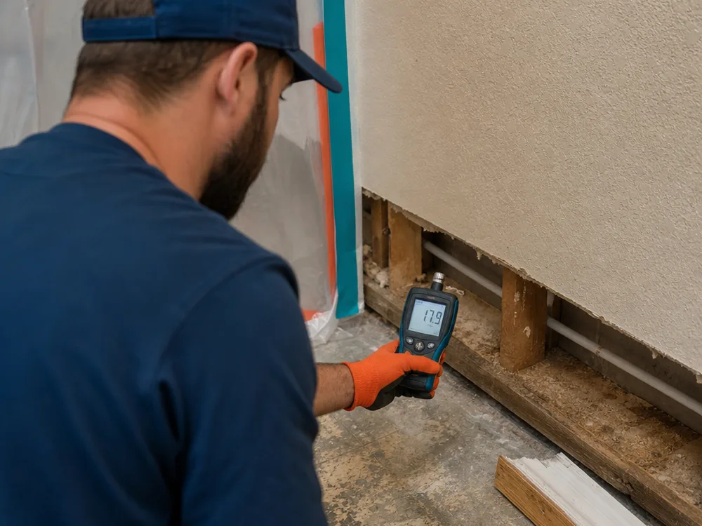 Moisture meter reading drywall beside a removed baseboard section and containment plastic during mold removal