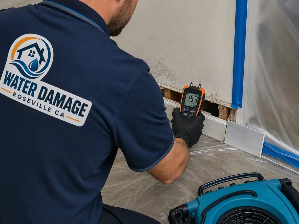 Moisture meter reading drywall beside a removed baseboard section and containment plastic during mold removal