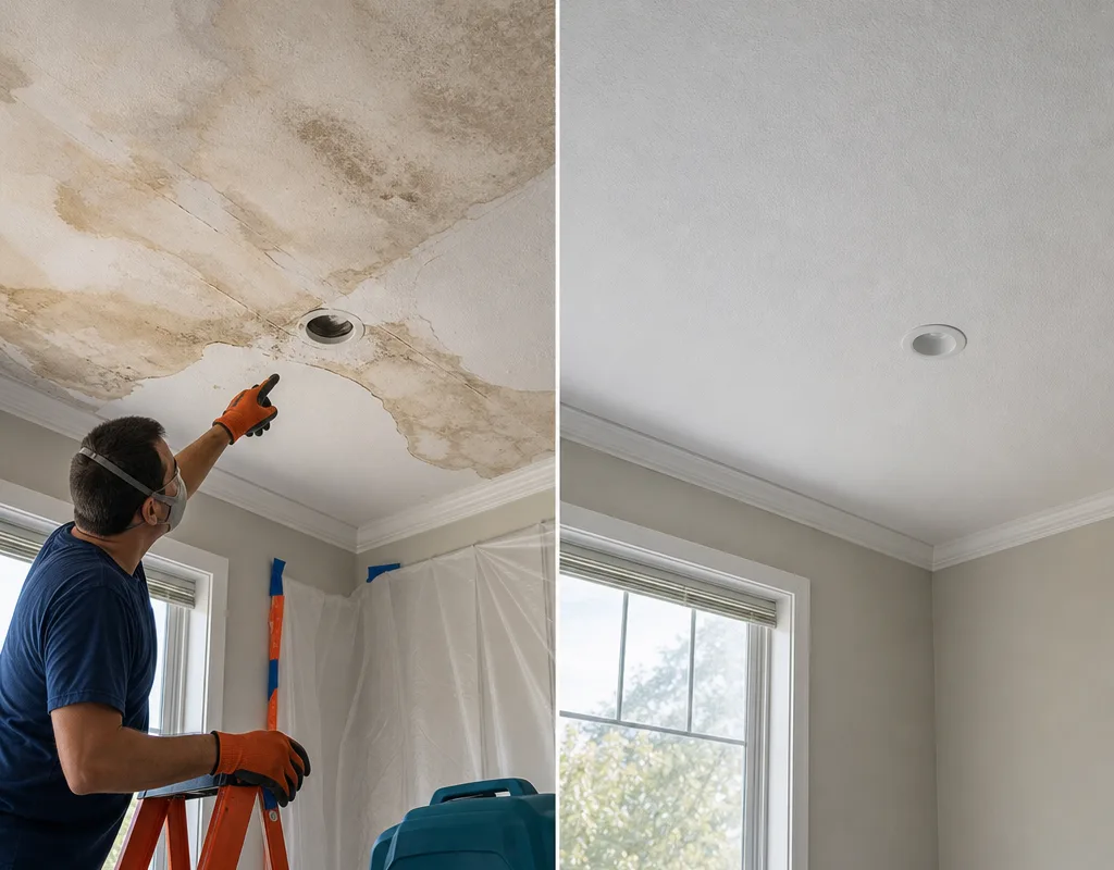 Before and after view of a water-stained ceiling repaired with new drywall and matched texture