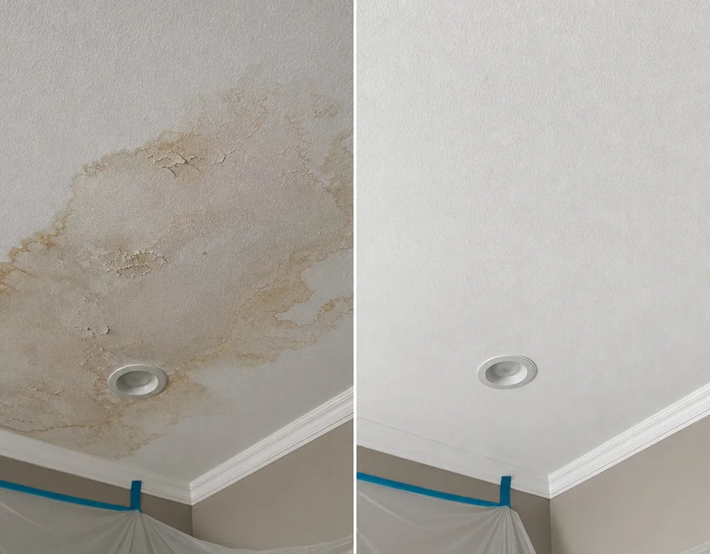 Before and after view of a water-stained ceiling repaired with new drywall and matched texture
