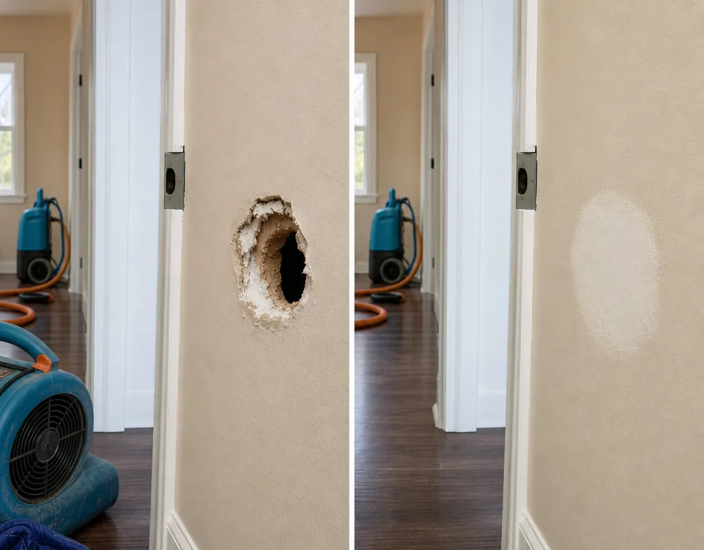 Before and after view of a door impact hole repaired to a flat paint-ready finish