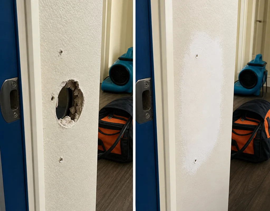 Before and after view of a door impact hole repaired to a flat paint-ready finish