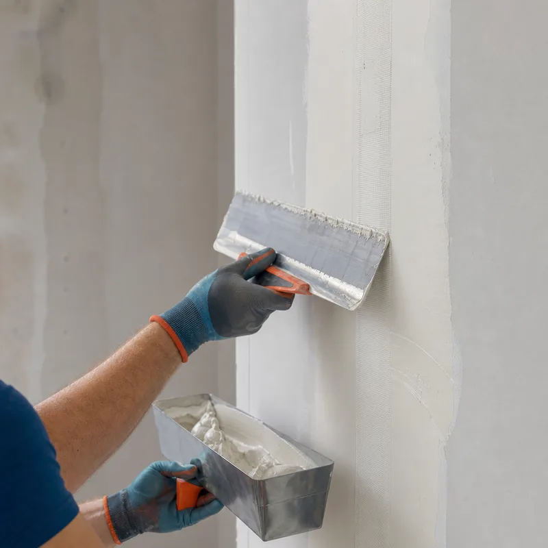 Close-up of a taped drywall seam receiving a wide feather of joint compound