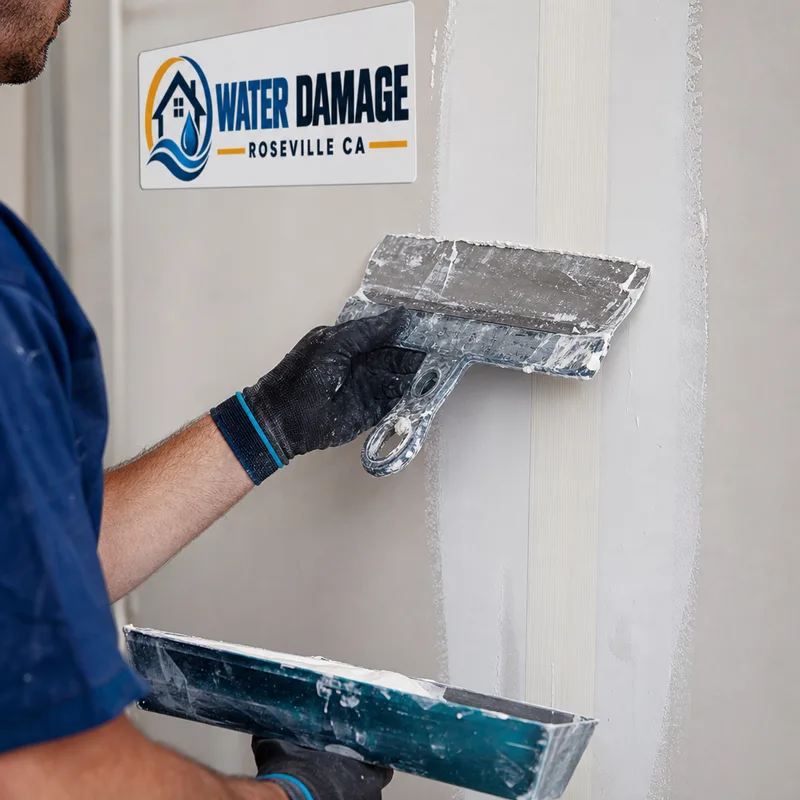 Close-up of a taped drywall seam receiving a wide feather of joint compound