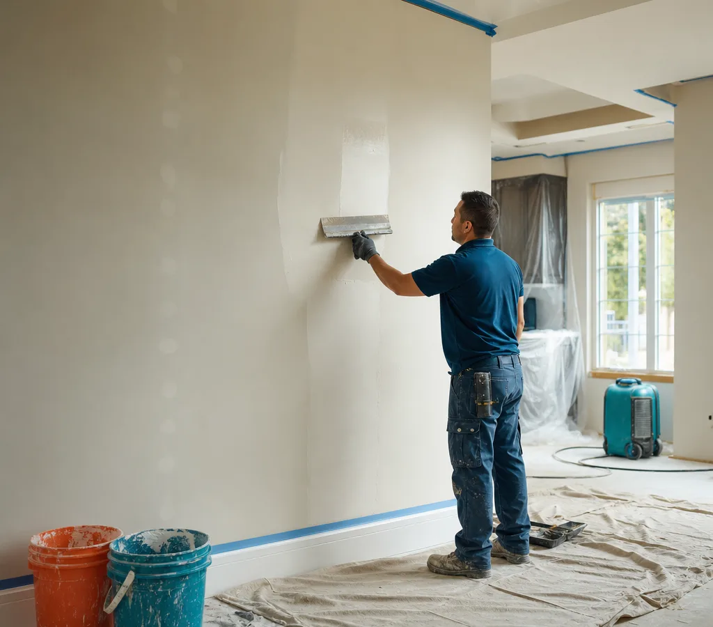 Technician skim-coating a drywall patch with drop cloths and masked trim protecting the room