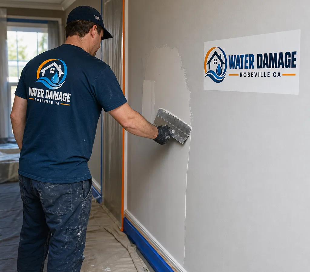 Technician skim-coating a drywall patch with drop cloths and masked trim protecting the room