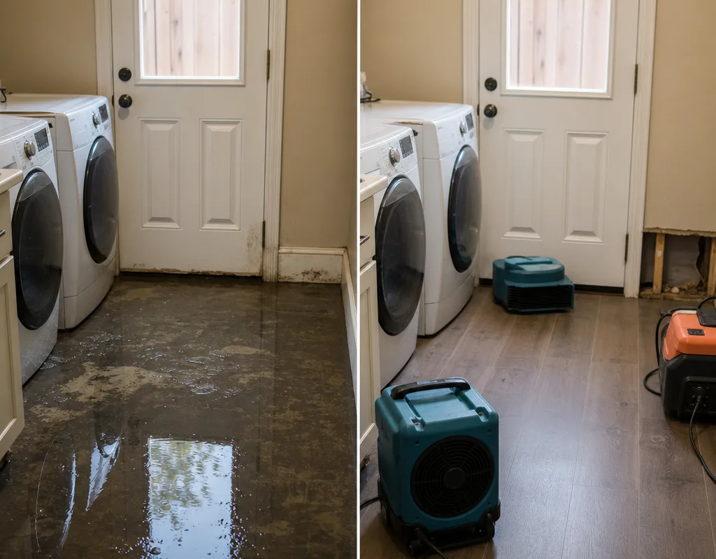 Before and after view of a flooded laundry room followed by drying equipment operating in the cleaned space