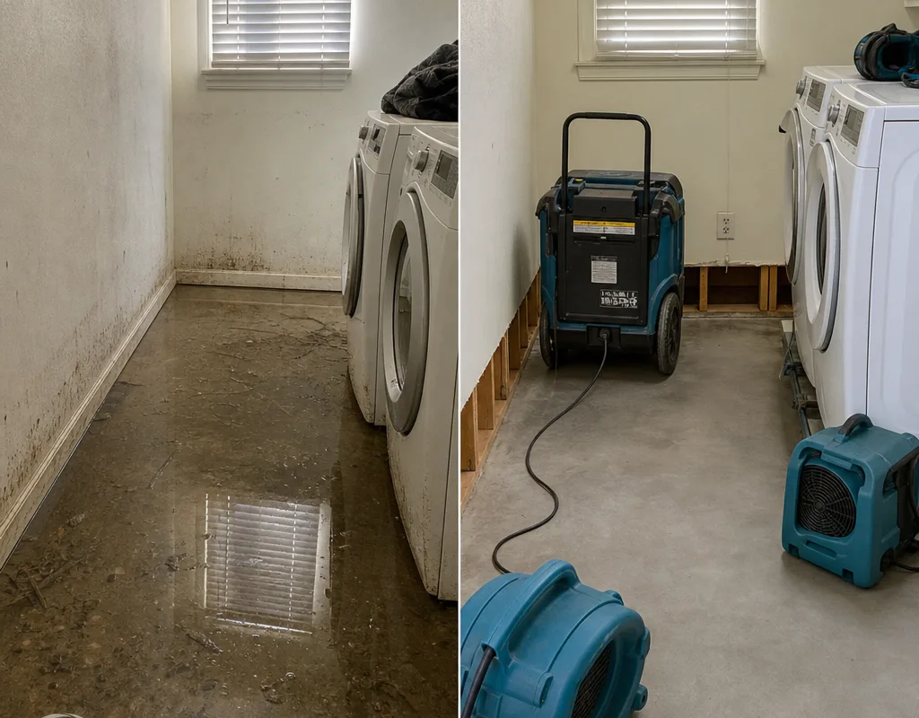 Before and after view of a flooded laundry room followed by drying equipment operating in the cleaned space