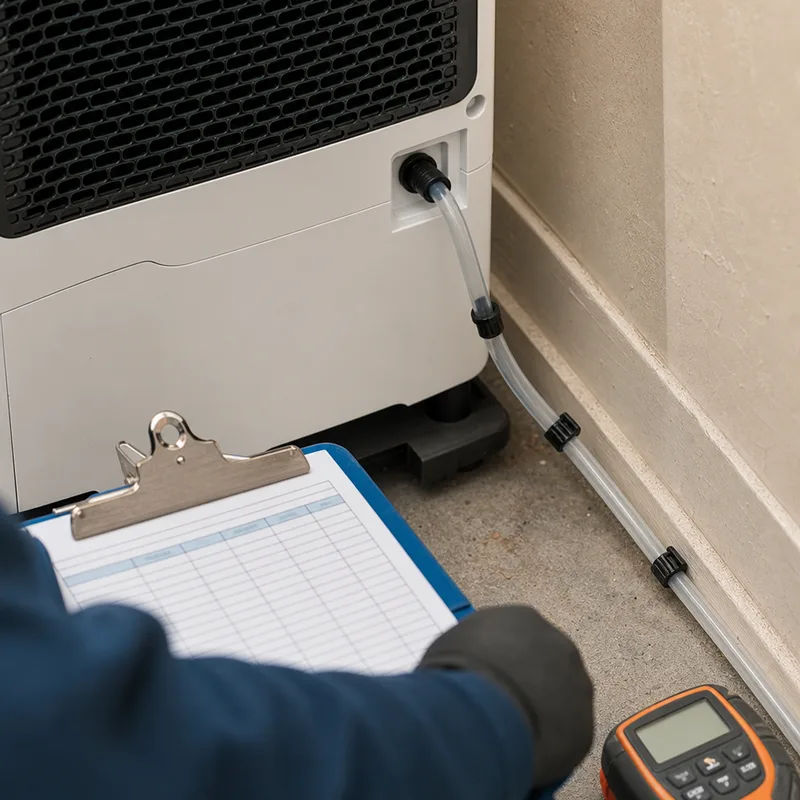 Secured dehumidifier drain line beside a job log showing dates and moisture readings