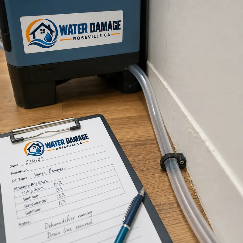 Secured dehumidifier drain line beside a job log showing dates and moisture readings