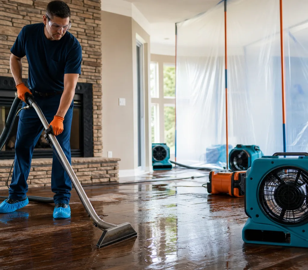 Technician using a water extraction wand inside a Roseville home with containment and drying equipment staged