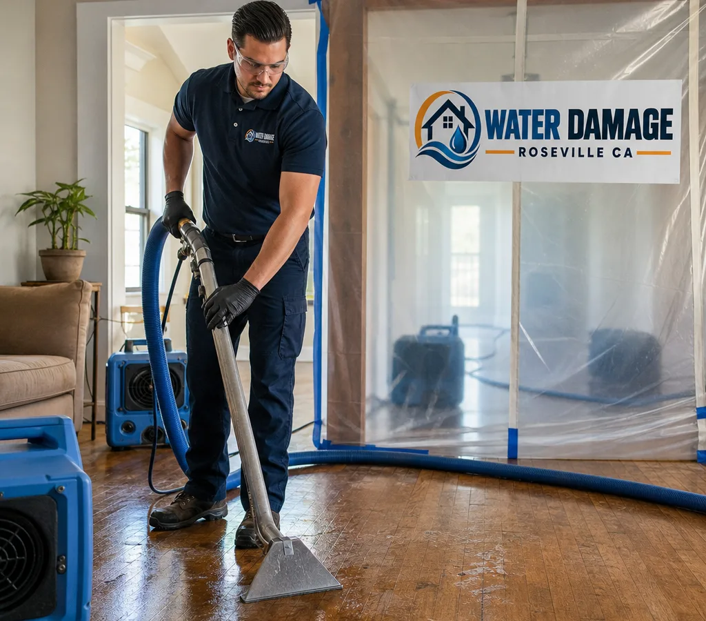 Technician using a water extraction wand inside a Roseville home with containment and drying equipment staged