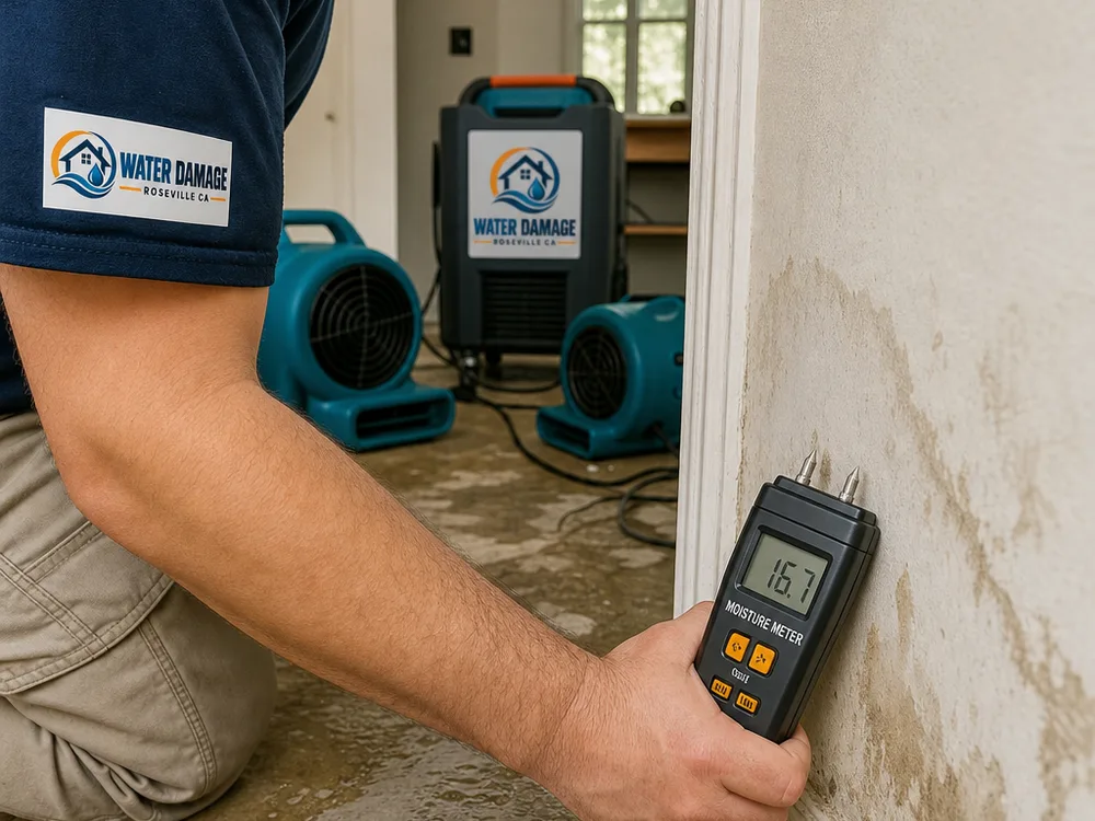 Moisture meter reading on drywall while air movers and a dehumidifier operate in the background