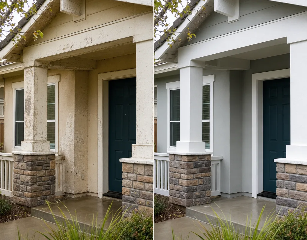 Before-and-after exterior repaint showing faded paint replaced by fresh color and sharp contrasting trim