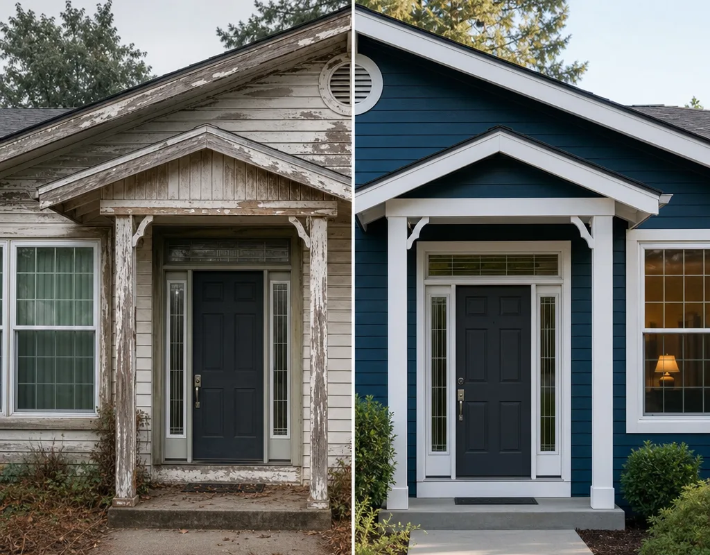 Before-and-after exterior repaint showing faded paint replaced by fresh color and sharp contrasting trim