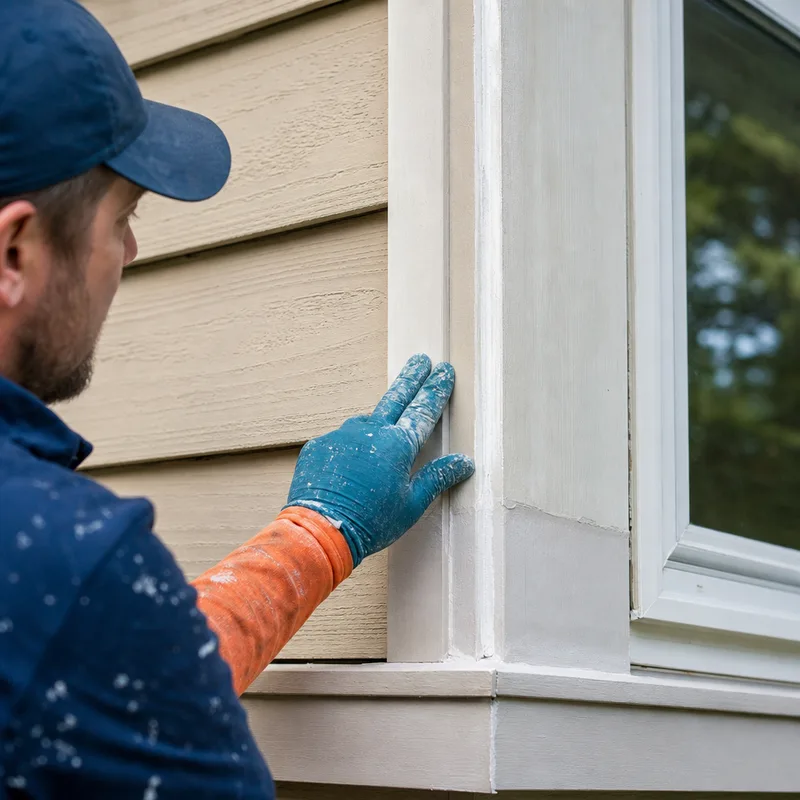 Prepared exterior siding and trim with feather-sanded paint edges, a newly caulked seam, and a primed repair